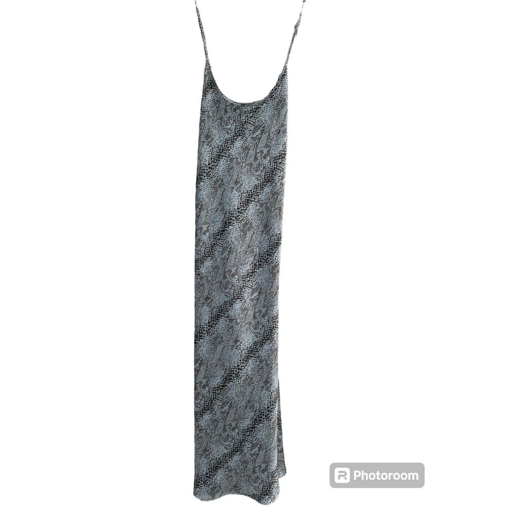 Blue Satin Long Maxi Dress with Snakeskin Print Side Slit and Spaghetti Straps
